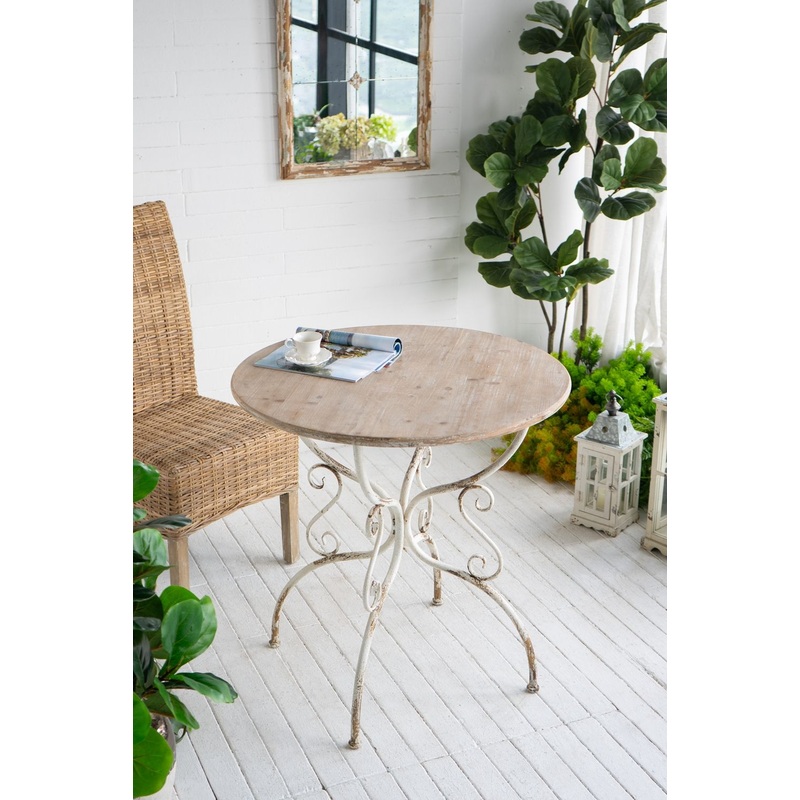 Round Wooden Table With Metal Scrollwork Legs – White Washed