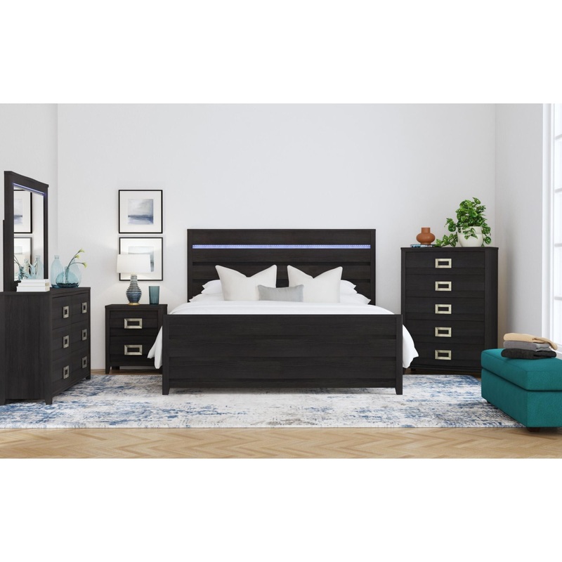 Tobias – Bedroom Set With LED|Black|3 Pc. Bed, Chest, Nightstand|5 Pc. Bed, Dresser, Mirror, Chest, Nightstand|Full|King|Queen|Twin