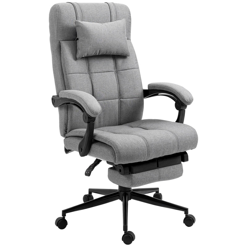 Vinsetto – Executive Linen-Feel Fabric Office Chair High Back Swivel Task Chair With Adjustable Height Upholstered Retractable Footrest, Headrest And Padded Armrest – Light Gray
