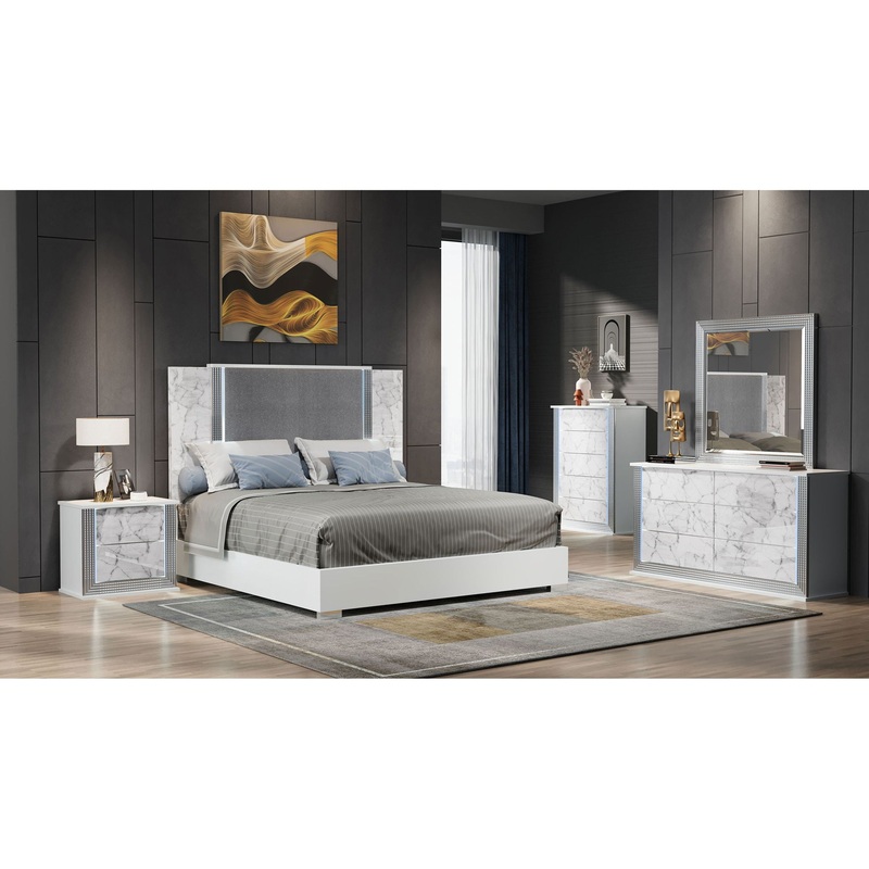 Ylime – 5 Piece King Bedroom Set (Bed, Dresser, Mirror, Chest, Nightstand) – White Marble