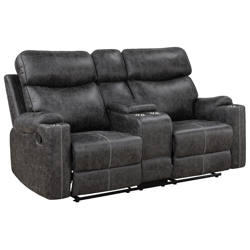 Hirah – Motion Loveseat With Console & USB Port – Dark Gray Polish Microfiber
