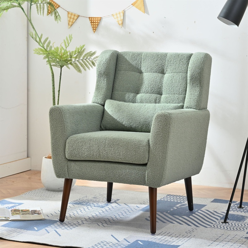 Modern Accent Chair, Teddy Fabric Living Room Chairs Comfy Reading Chair, Mid Century Accent Chair, Lounge Arm Chairs Armchair For Living Room Bedroom – Light Green