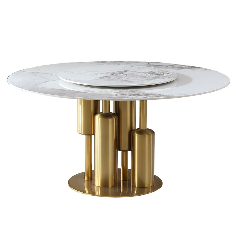Round Sintered Stone Table, Modern Marble Dining Table (Table Only) – Gold / White