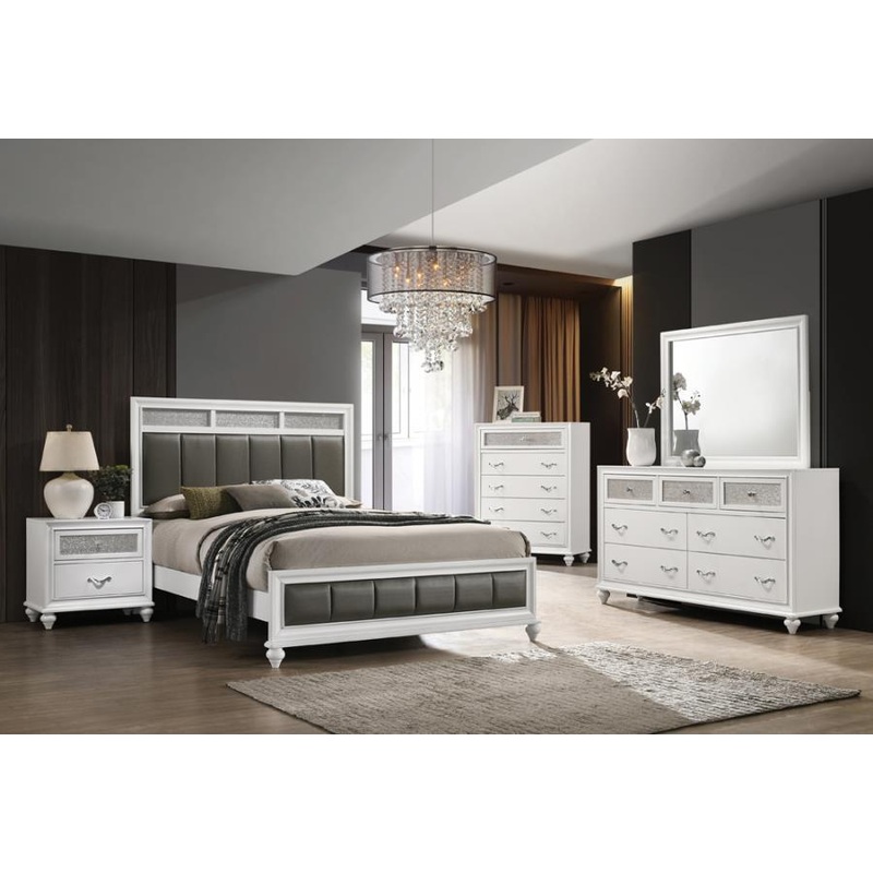 Barzini – Bedroom Set|White|4 Pc. Bed, Dresser, Mirror, Nightstand|5 Pc. Bed, Dresser, Mirror, Chest, Nightstand|King|California King|Queen