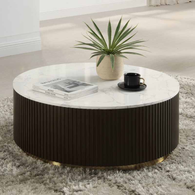 Clayten – Coffee Table – White Natural Marble Top & Espresso