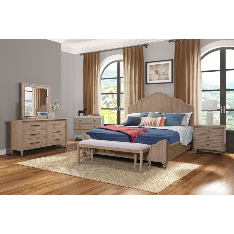 Panel Bedroom Set With 3 Drawer Nightstand, Casual Dresser, Cane Mirror, 3 Drawer Cane Front Chest And Bench