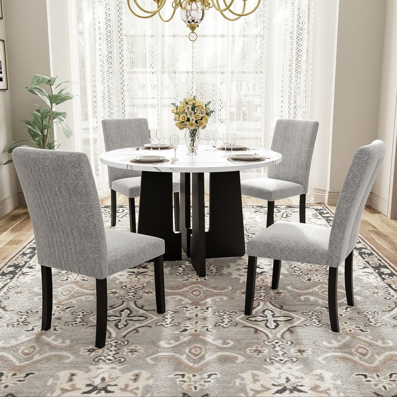 5 Piece Round Dining Table Set, Dining Table And 4 Upholstered Chairs For Dining Room, Kitchen Room, Living Room – White / Gray