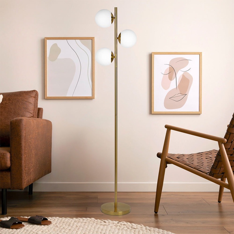 Brilliance – Modern Floor Lamp, Opal Shades And Round Base – Clear / Gold