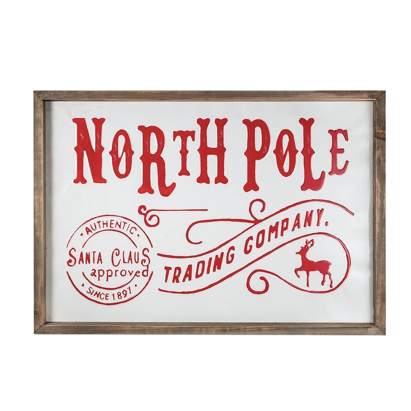 Iron / Wood North Pole Trading Company Wall Sign, For Christmas Holiday Table Wall Decor – White / Red