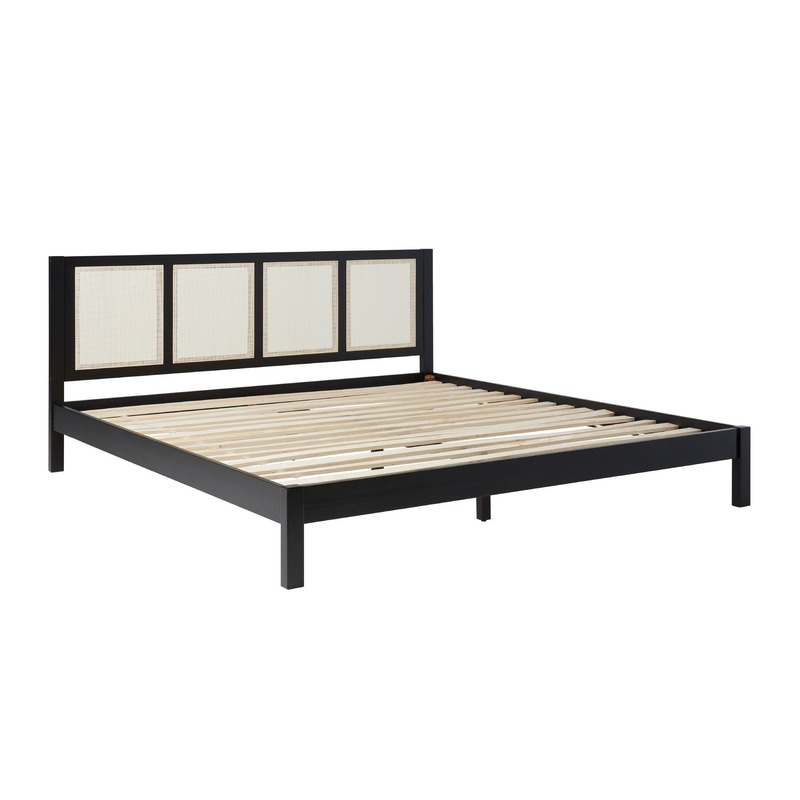 King Bed With Rattan Panel Headboard – Black