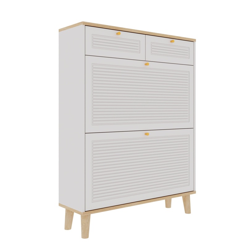 Modern Freestanding Shoe Cabinet With Flip Up Doors And Drawers, Compact Design For Entryway – White Natural