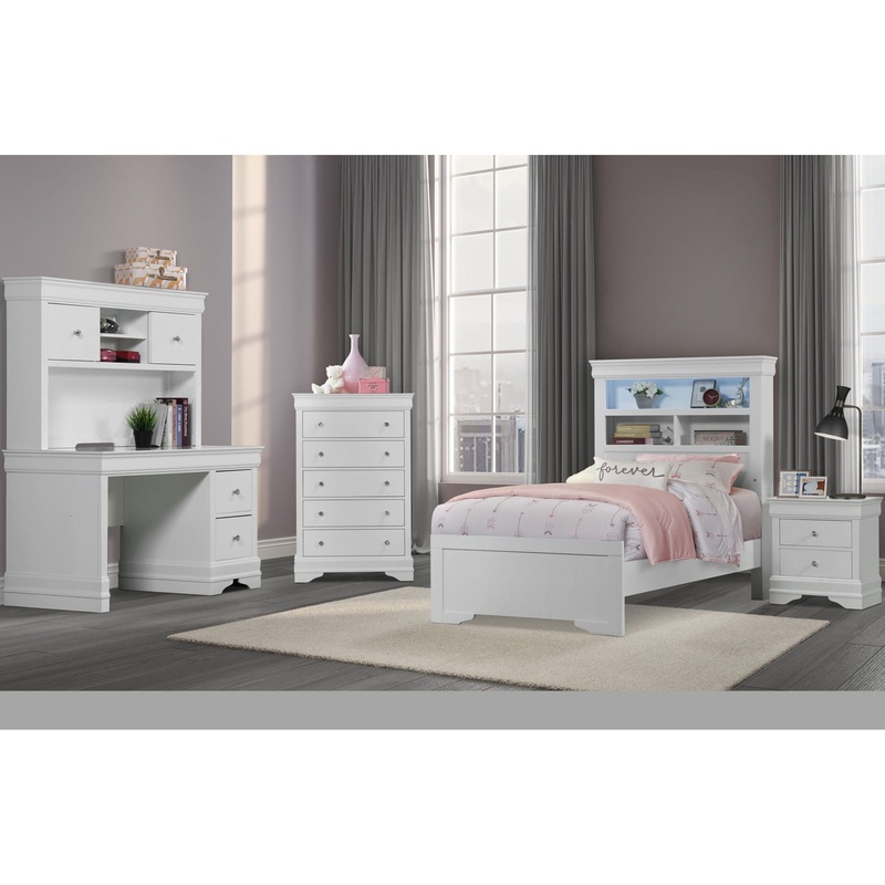 Pompei – 4 Piece Bedroom Set (Bookcase Twin Bed With Desk And Hutch, Nightstand And Chest) – White