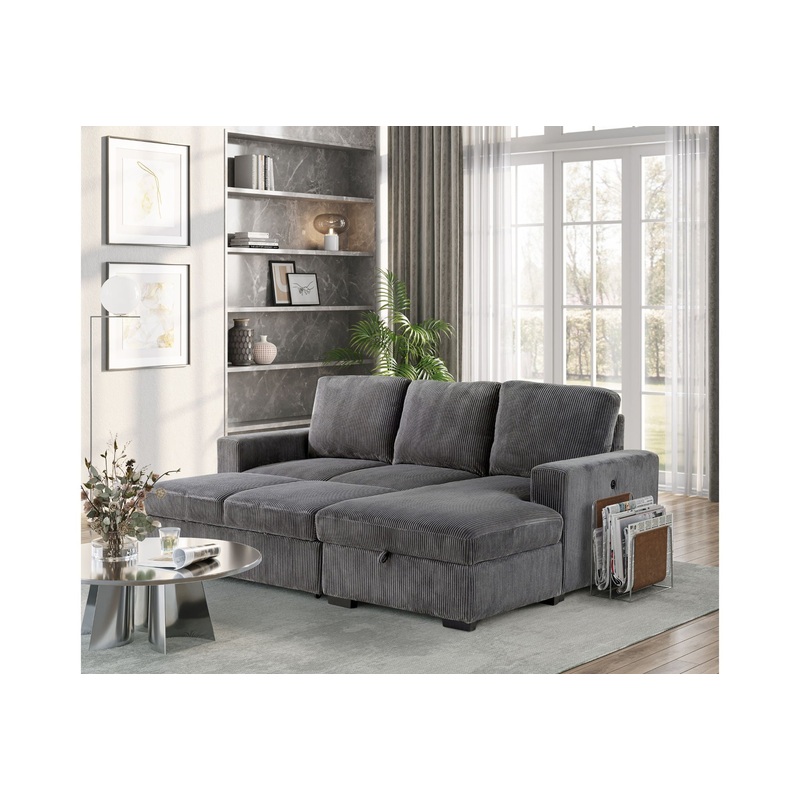 U2660 – L Shape Sectional With Pull Out Sofa Bed – Gray