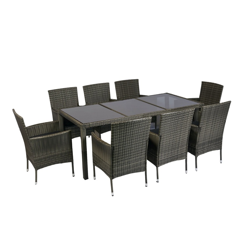 9 Piece Outdoor Patio Wicker Dining Set Patio Wicker Furniture Dining Set Glass Top – Gray / Black