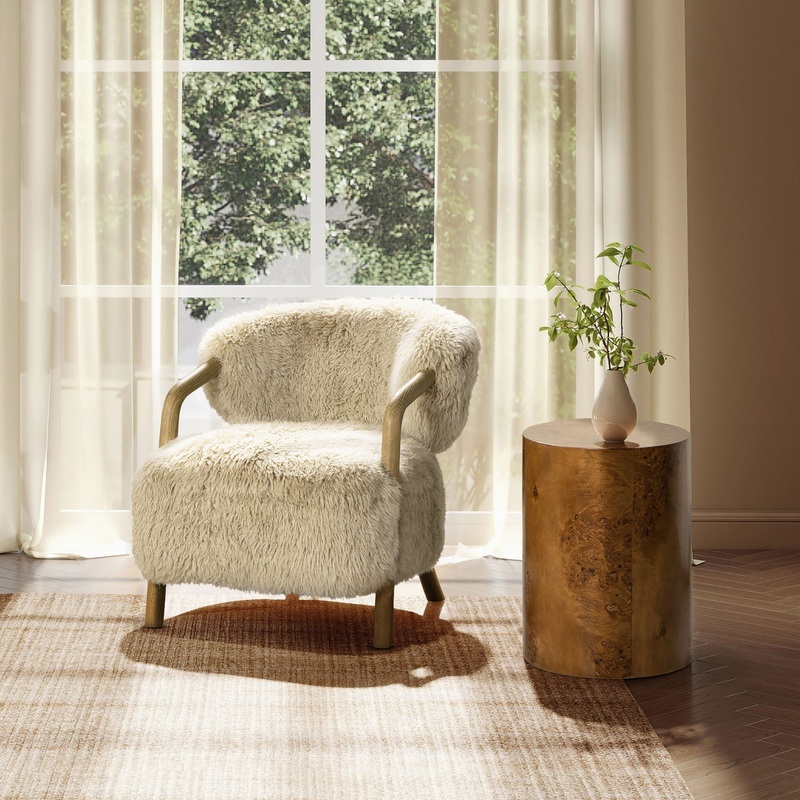 Becker – Rustic Oak Sheepskin Upholstered Accent Arm Chair – Taupe Beige