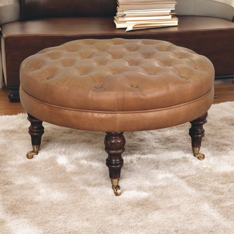 Buffalo – Leather Round Ottoman With Castor Legs – Brown