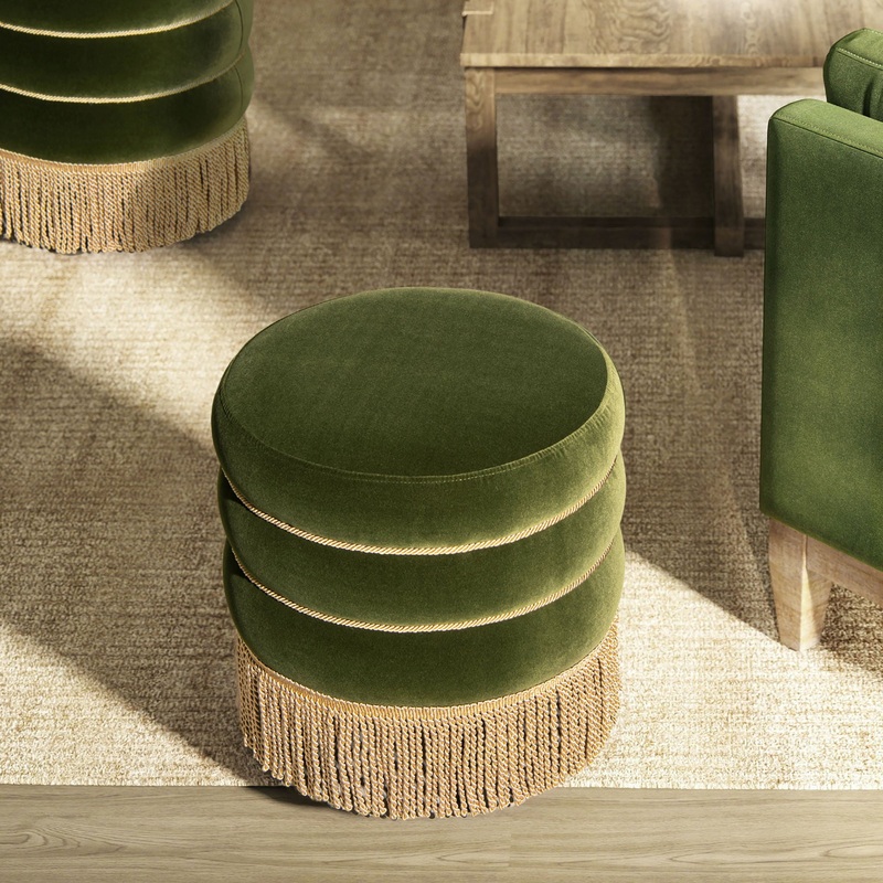 Edward – Round Upholstered Ottoman With Bullion Fringe – Olive Green
