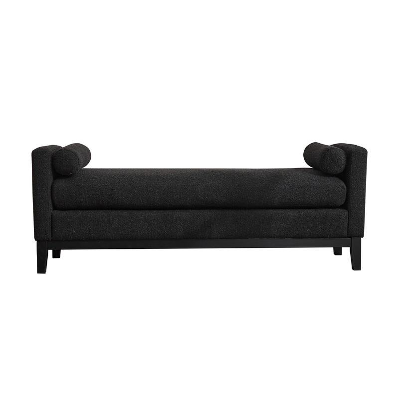 Elegant Upholstered Bench, Daybed, Ottoman With Wood Legs & 2 Bolster Pillows – Black Boucle