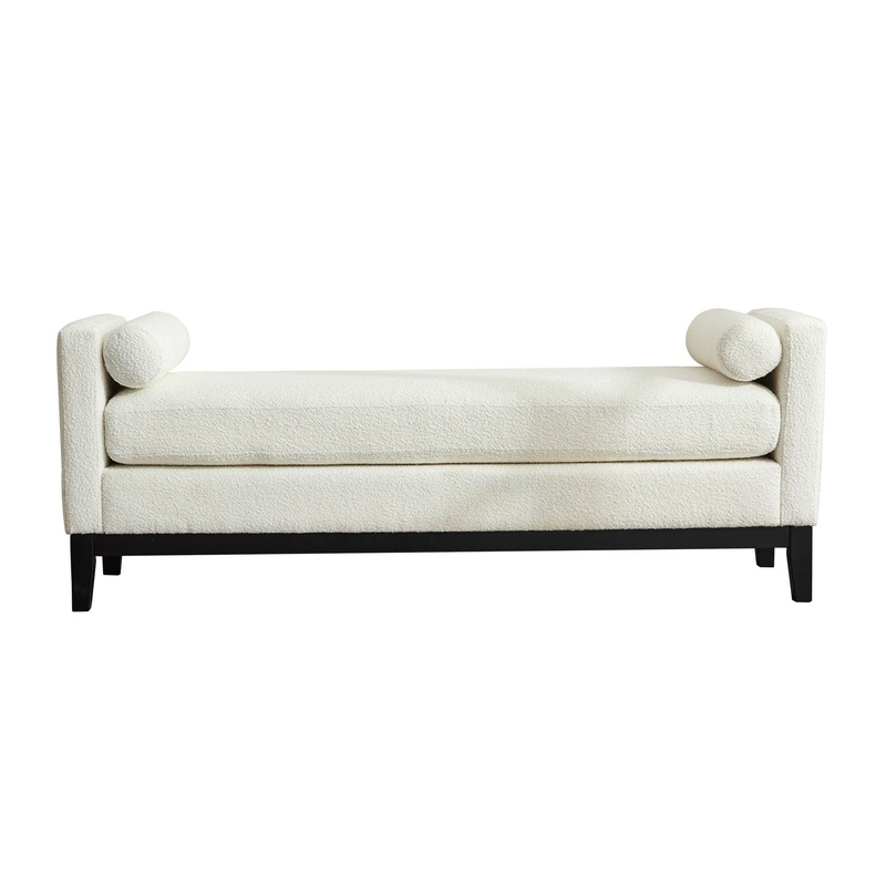 Elegant Upholstered Bench, Daybed, Ottoman With Wood Legs & Bolster Pillows – Ivory Boucle