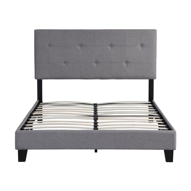 Full Size Upholstered Platform Bed Frame With Modern Button Tufted Linen Fabric Headboard, No Box Spring Needed, Wood Slat Support – Gray