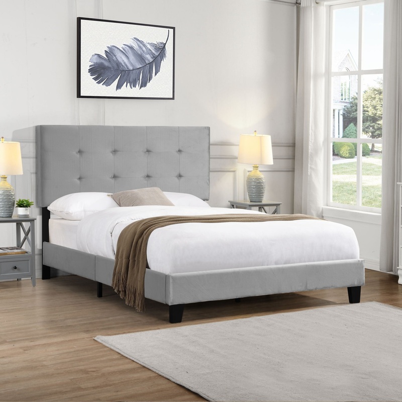 Full Size Upholstered Platform Bed Frame With Pull Point Tufted Headboard, Strong Wood Slat Support, Mattress Foundation, No Box Spring Needed – Gray