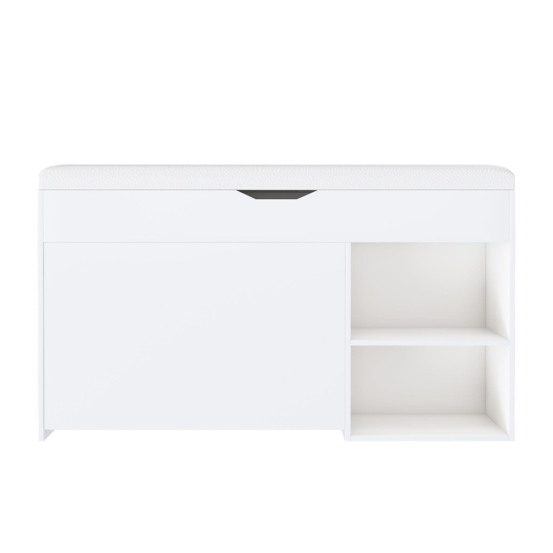 Modern Design Entryway Bench With Adjustable 3 Tier Flip-Up Drawers And Hidden Cabinet – White