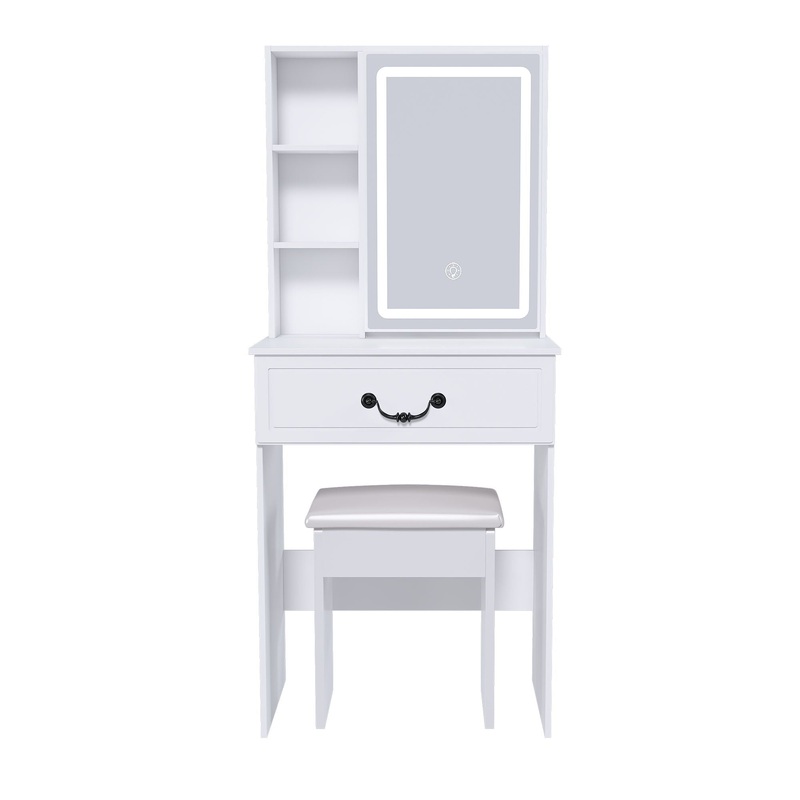 Modern Mini Dressing Table With Led-Lit Mirror & Hidden Storage, Adjustable Brightness Vanity Desk – White