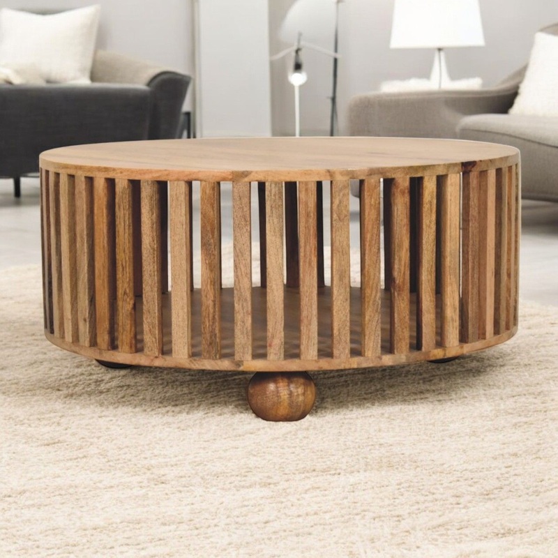 Slatted Round Coffee Table – Beige