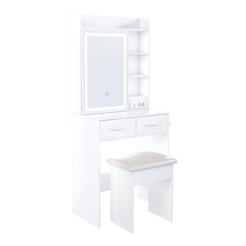 Space Saving Makeup Vanity Desk With Mirror & Adjustable Led Lights, Built-In Power Outlet, Hidden Storage, Includes Stool & Shelf – White