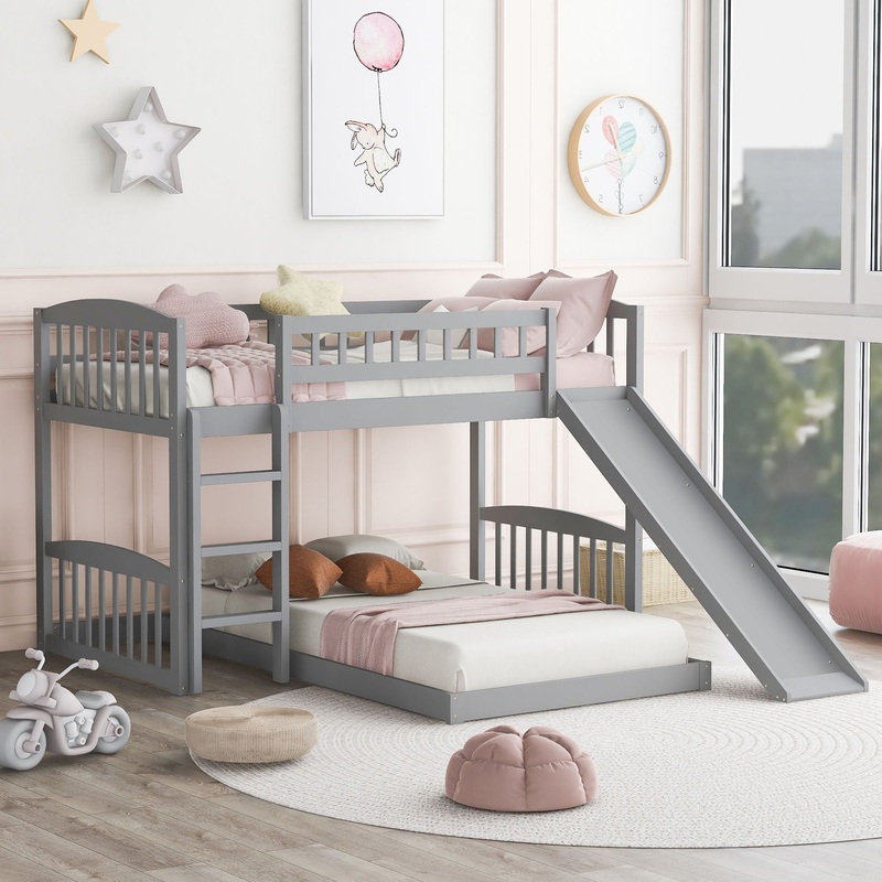 Twin Over Twin Classic Bunk Bed With Slide And Ladder – Gray