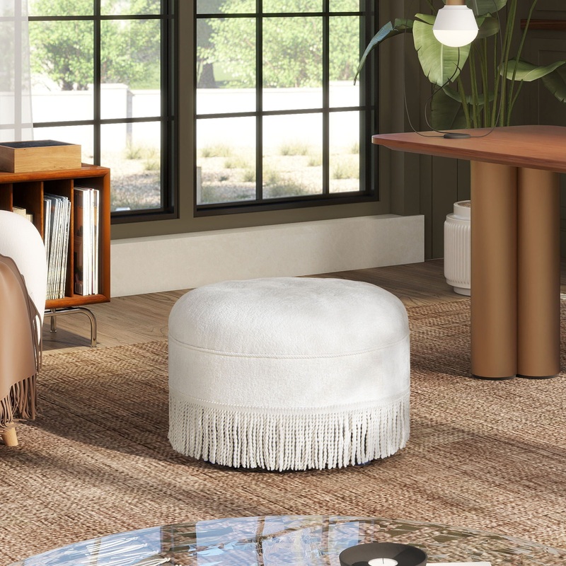 Yolanda – Round Upholstered Accent Ottoman – Almond White