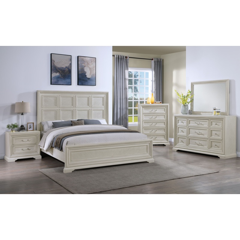 Alexandria – Bedroom Set|White|4 Pc. Bed, Dresser, mirror, Nightstand|5 Pc. Bed, Dresser, Mirror, Chest, Nightstand|King|Queen