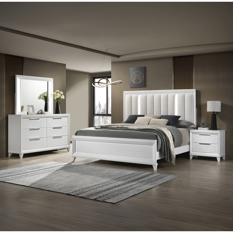 Cressida – Bedroom Set|White|4 Pc. Bed, Dresser, Mirror, Nightstand|5 Pc. Bed, Dresser, Mirror, Chest, Nightstand|King|Queen