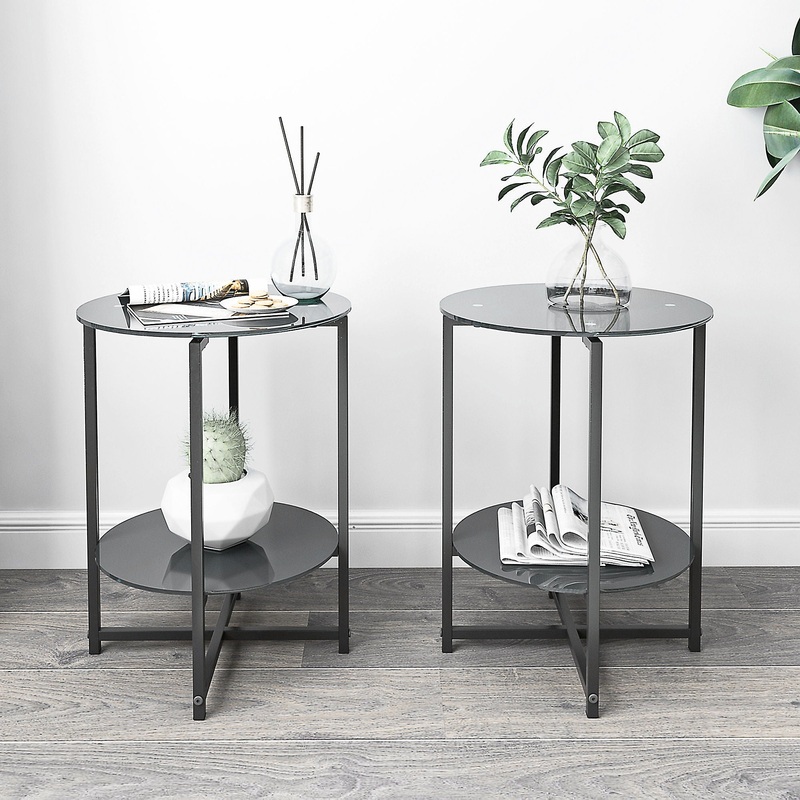 JWS Tempered Glass End Table (Set of 2), Round Coffee Table For Bedroom Living Room Office – Black