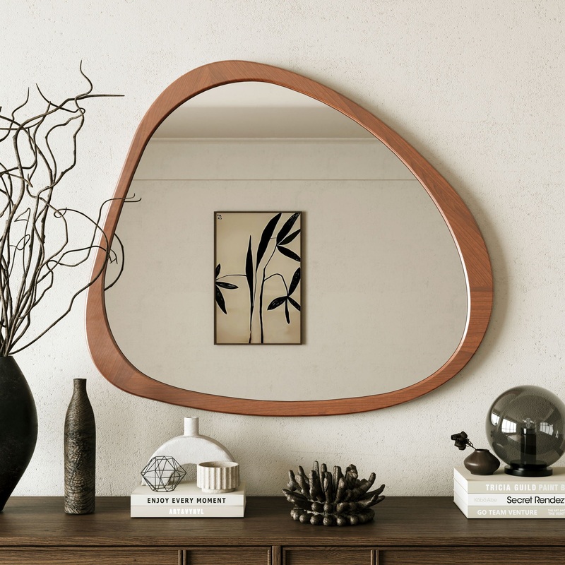 Asymmetrical Wall Mirror Wooden Framed Mirror Large Sized Dressing Mirror, For Living Room, Bedroom, Bathroom, Hallway Or Entry Way – Natural Wood