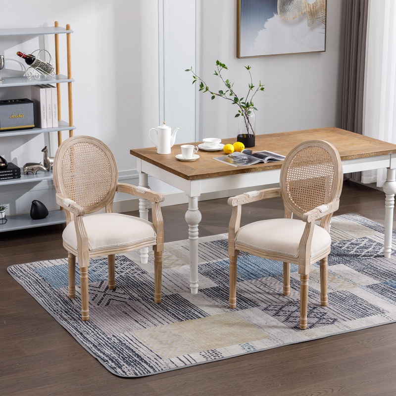 French Vintage Upholstered Fabric Dining Armchair (Set of 2) – Beige