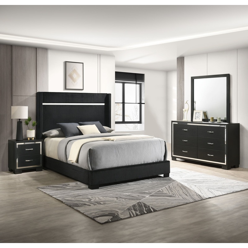 Gennro – Bedroom Set|Black|4 Pc. Bed, Dresser, Mirror, Nightstand|5 Pc. Bed, Dresser, Mirror, Chest, Nightstand|King|Queen