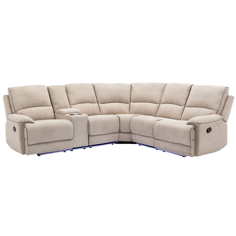 Modern Manual Reclining Living Room Furniture Set With USB Ports, Hidden Storage, Led Light Strip And 2 Cup Holders – Cream