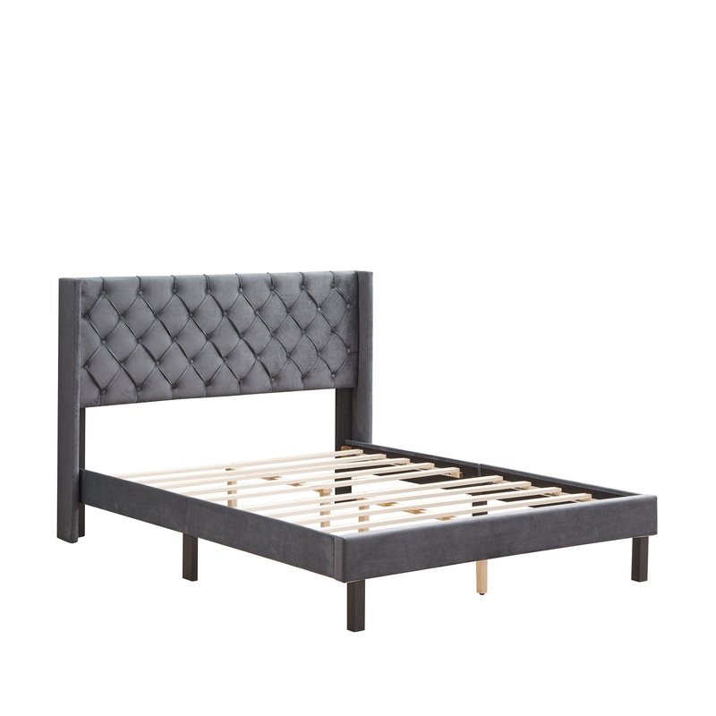 Queen Platform Tufted Upholstered Bed With Wings Design, Strong Wood Slat Support – Gray