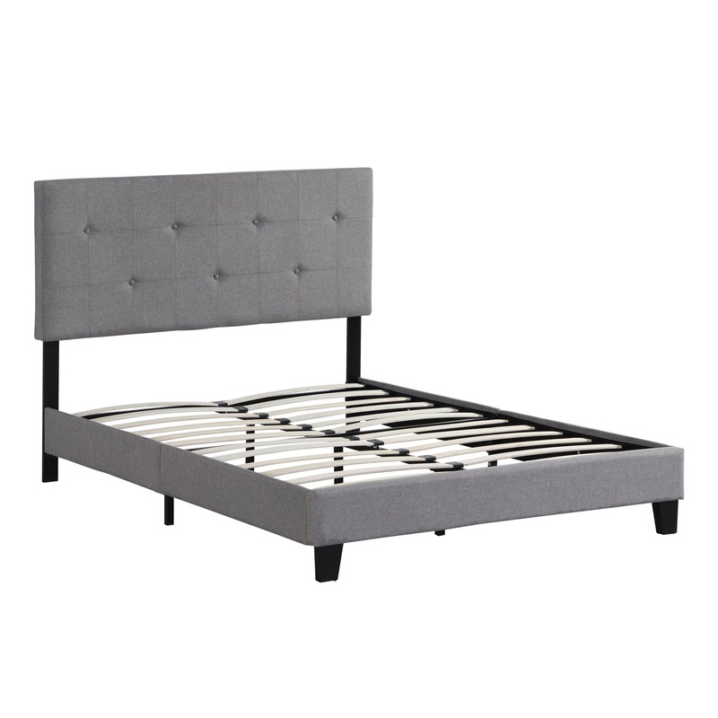 Queen Size Upholstered Platform Bed Frame With Button Tufted Linen Headboard, No Box Spring Needed, Wood Slat Support – Gray