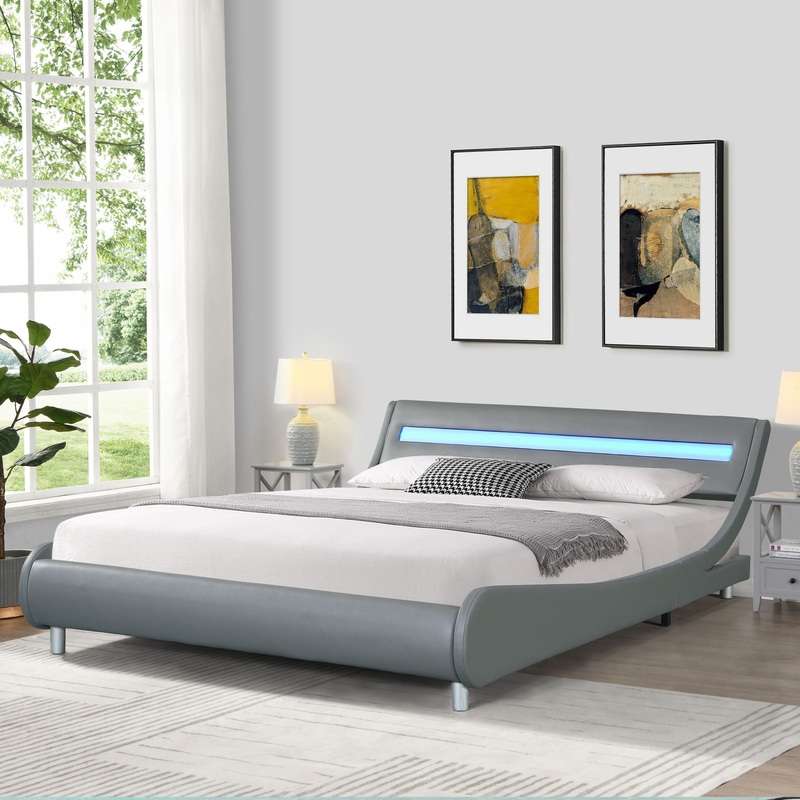 Queen Size Upholstered Platform Bed Frame With LED Lighting, Curve Design, Wood Slat Support, No Box Spring Needed – Gray