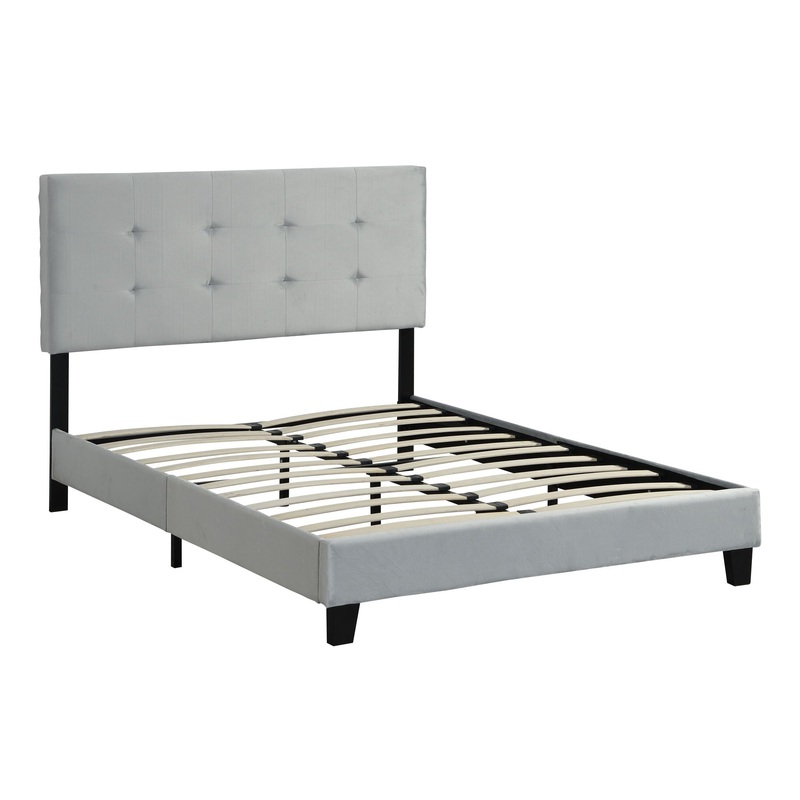 Queen Size Upholstered Platform Bed Frame With Pull Point Tufted Headboard, Strong Slat Support, Mattress Foundation, No Box Spring Needed – Gray