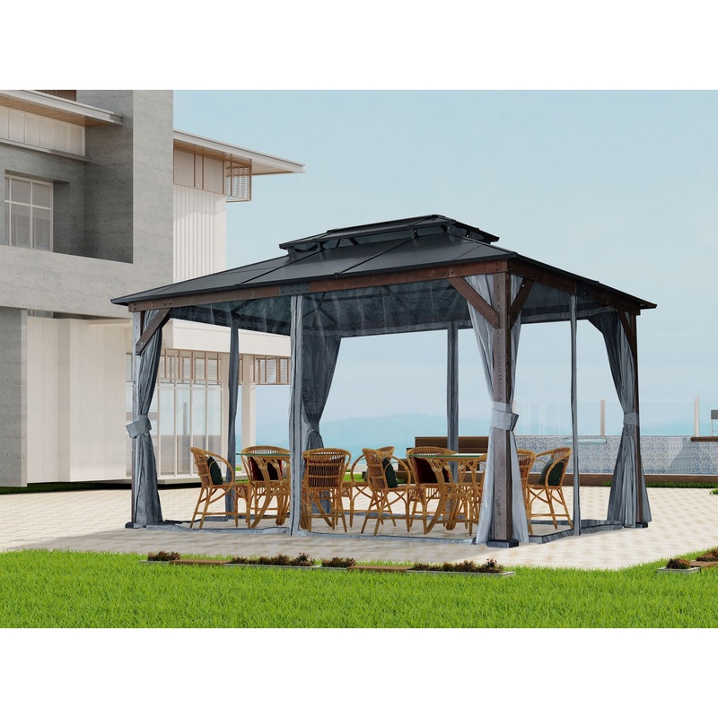 10′ x 13′ Hardtop Wood Gazebo For Patios, Outdoor Framed Gazebo With Polycarbonate Double Roof Canopy, Solid Wooden Framed Gazebo With Privacy Curtains And Mosquito Nettings For Garden, Backyard – Black