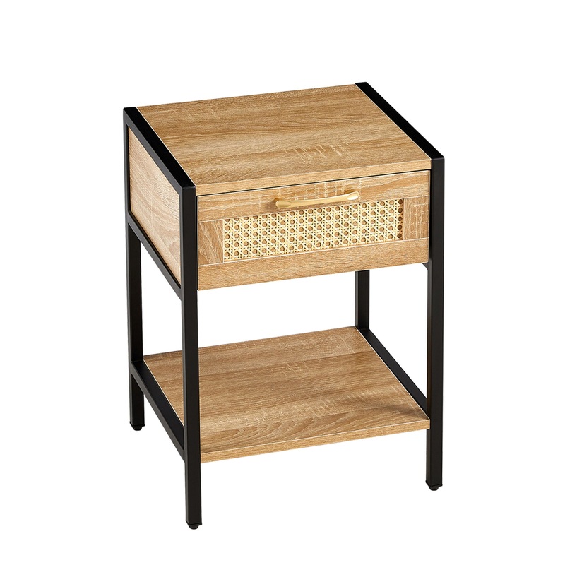15.74 Rattan End Table With Drawer, Modern Nightstand, Metal Legs, Side Table For Living Room, Bedroom
