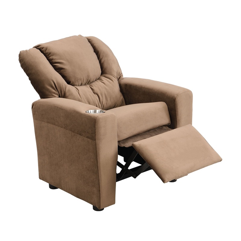 Kids Recliner Chair, Kids Upholstered Couch With One Cup Holder, Toddlers Recliner With Headrest And Footrest – Brown
