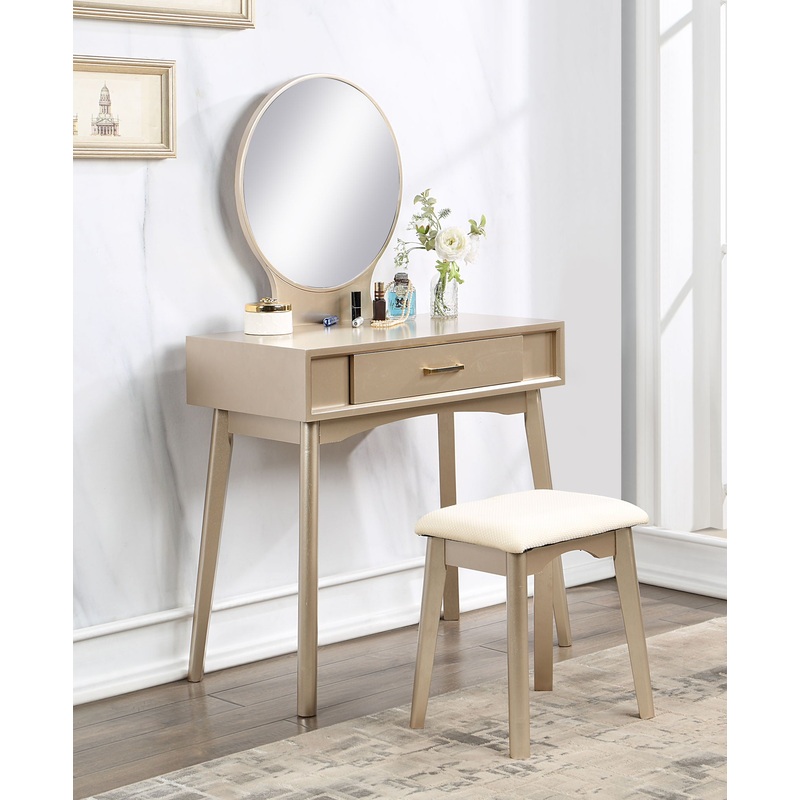 Maly – Contemporary Wood Vanity And Stool Set – Gold
