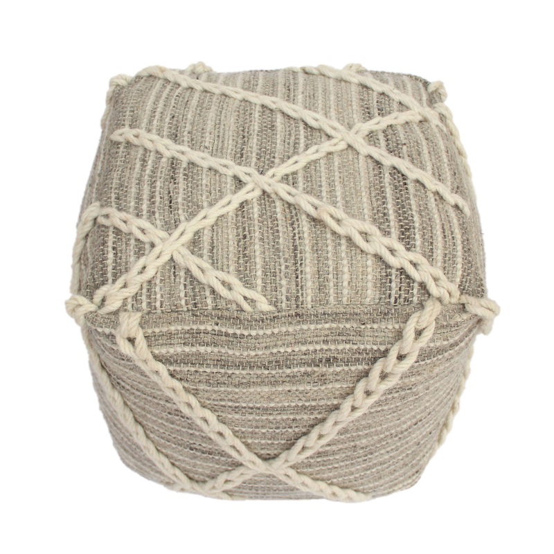 Modern Wool Rope Square Pouf Ottoman Floor Cushion – Gray / Ivory