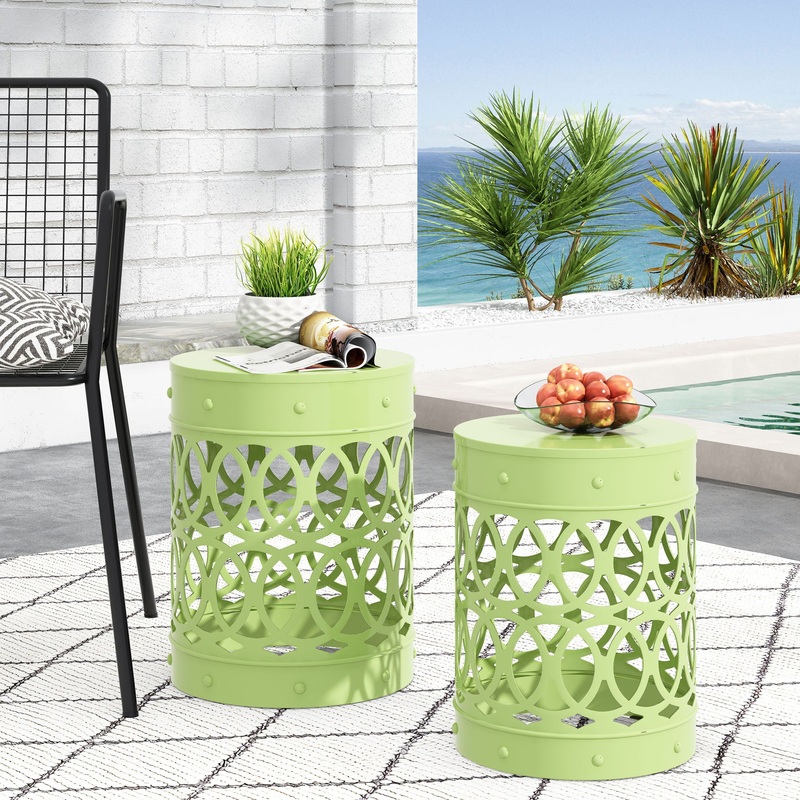 Outdoor Metal S/2 End Table|Green|White|Yellow