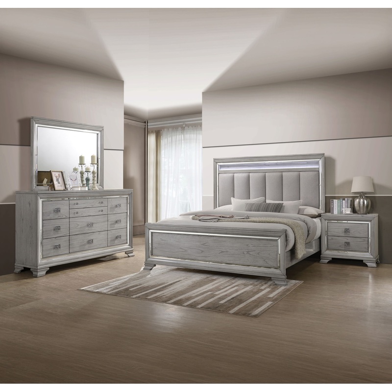 Vail – Bedroom Set|Gray|4 Pc. Bed, Dresser, Mirror, Nightstand|5 Pc. Bed, Dresser, Mirror, Chest, Nightstand|California King|King|Queen