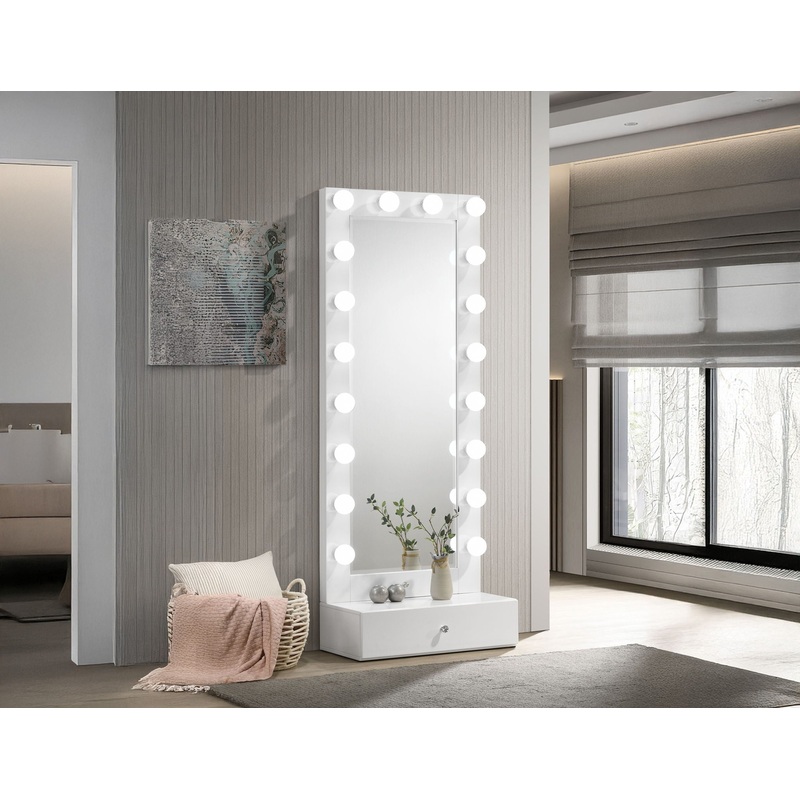 Luxo – Tall Lighted Drawer Vanity Mirror – White